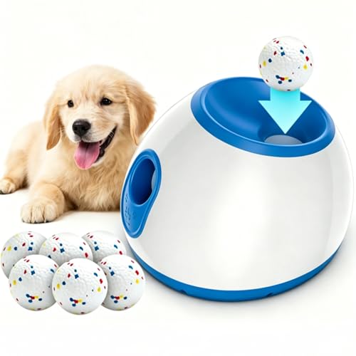 ALLUMK Automatischer Ballwerfer für Hunde, 3 einstellbare Wurfweiten, Doppelstromversorgung, inkl. 6 Schaumstoffbälle, interaktives Spielzeug für kleine & mittlere Hunde Innen & Außen