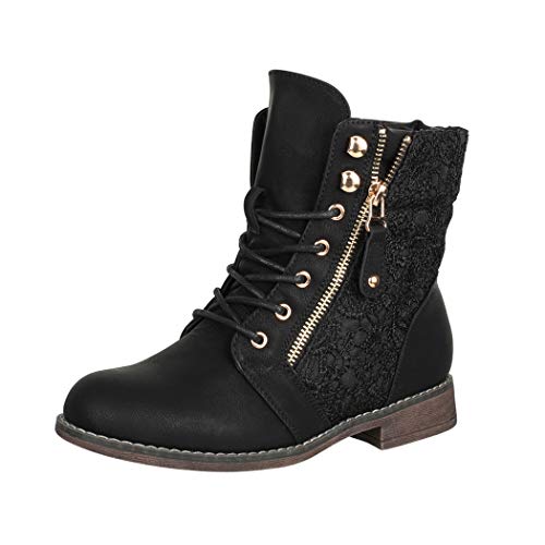 Elara Damen Stiefeletten Worker-Boots-Style Spitze Chunkyrayan B9812-KB-Schwarz-39