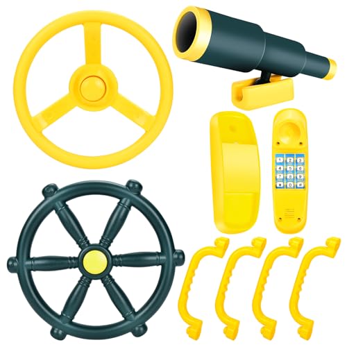 JONRRYIN Spielturm Zubehör Steuerrad Set, 8Pcs Zubehörset für Spielturm, Lenkrad, Teleskop Fernrohr, Glocke Telefon, Accessoires für Spielturm, Klettergerüst, Schaukel und Garten (Grün)
