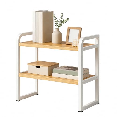 Schreibtisch Regal Organizer, 2-stufiges hochwertiges Holz Aufbewahrungsregal Klein Bücherregal Tischregal Gewürzregal Minimalistisch für Büro, Küche, Wohnzimmer, Kommode und Regale, 40x20x38.8cm