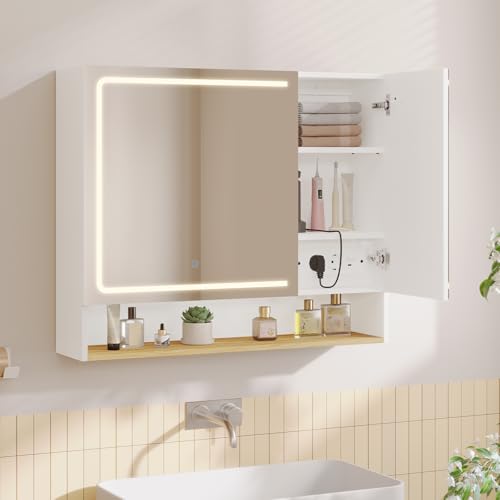 FORABAMB Spiegelschrank Bad 80 cm breit mit LED-Beleuchtung & Steckdose, Badezimmerschrank mit HD Spiegel & Verstellbarem, Badschrank mit 2 Türen, 3 Farbtemperaturen & Dimmbarer, 16 x 65 x 80 cm, Weiß