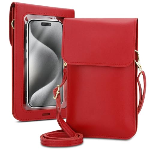 Cadorabo Handytasche zum Umhängen kompatibel mit LG L40-kleine Handtasche mit Handyfach und Sichtfenster, Handy Umhängetasche mini für L40, 2 Fächer, PULeder, Damen, ROT