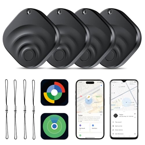 TIMU 4er Pack Dual-System GPS Tracker Android & iOS, Schlüsselfinder kompatibel mit Google Find Hub und Apple Find My, Air Tracker Smart Tag für Schlüssel/Gepäck/Koffer/Taschen (4 Schwarz)