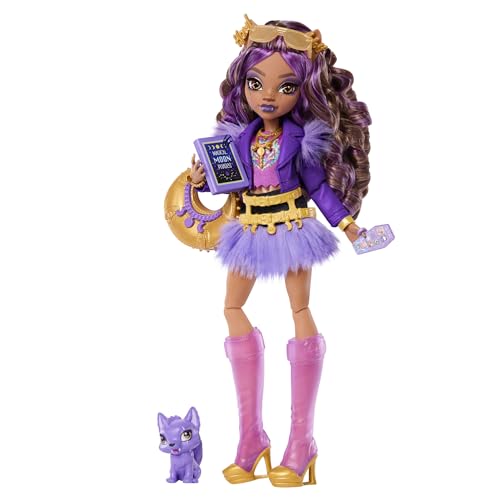 Monster High-Puppe, Clawdeen Wolf in violetter Moto-Jacke und Fellrock mit Wolfsjungem Crescent und 7 Zubehörteilen wie Buch, Croissant und Handtasche, JHK30