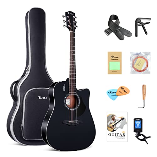 Rosen Solid Top Gitarre Dreadnought Akustikgitarre 41 Zoll Fichte Gitarren Westerngitarre Einsteiger Bundle mit Buch, Lehrmaterial，Tasche, Saiten, Plektren, Stimmgerät, Gurt, Poliertuch, schwarz