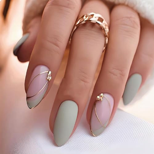 GlamRays 24 Stück Press on Nails Mittel Mandel Falsche Nägel Grün Falsche Nägel Französische Spitze Akrylnägel mit Goldlinien Rhinestein-Design Klebende Nägel Glänzend