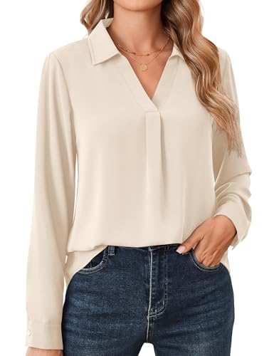 Beluring Bluse Damen Elegant Langarm Shirt Lässig V-Ausschnitt Blusenshirt Creme M