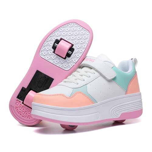HSQ Schuhe mit Rollen für mädchen Jungen Kinder,Rollschuhe mit 2 Abnehmbar Rädern,Komfort Outdoor Fashion Skateboardschuhe Sportschuhe für Kinder Weiß Rosa Grün 33