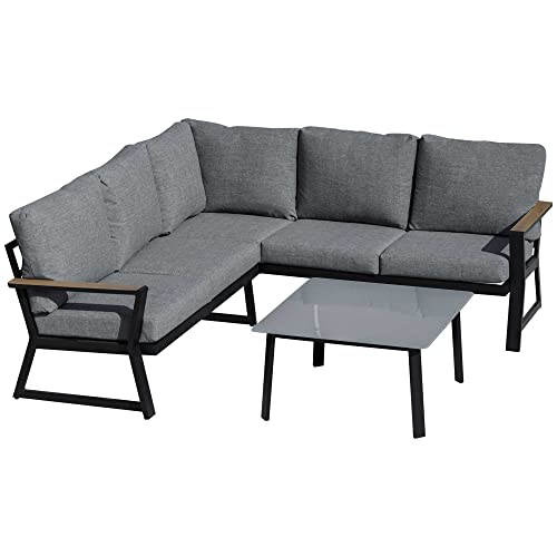 Outsunny 3-teiliges Gartenmöbel-Set mit Beistelltisch L-Form Sofa Balkonmöbel Set mit Kissen Outdoor Aluminium Grau