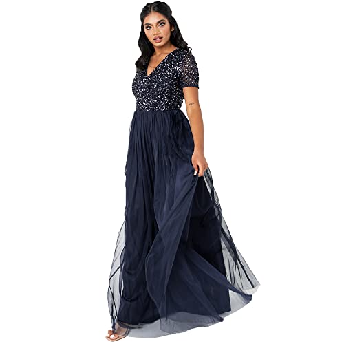 Maya Deluxe Damen Ballkleid Abendkleid V-ausschnitt Maxi Länge Pailletten Kurze Ärmel Für Hochzeit Geburtstag Brautjungfer Bridesmaid Dress, Navy, 38 EU