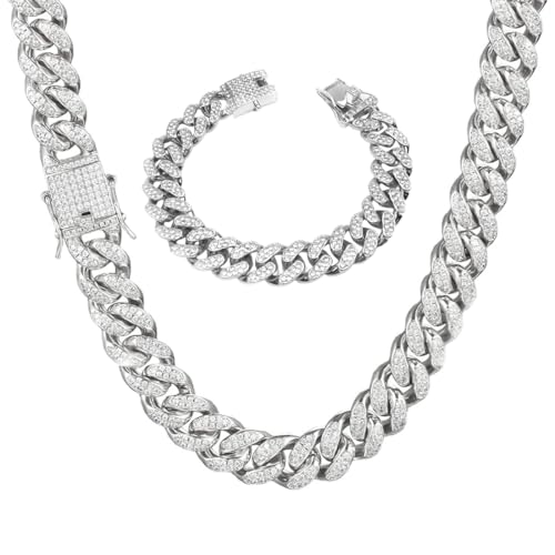 MIRKUZI Kette Herren Cuban Link Miami Choker Halskette Armband Set Hip Hop Schmuck für Jungen Männer Bling Bling Diamant Kette (Silber)