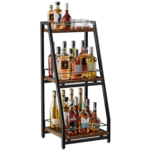 Nuovoware 3-Tier Abgestufte Liquor Cabinet Mini Bar, Weinregal Freistehend Boden für Whiskey, Ecke Liquor Flasche Display Regal mit Zäunen Slide Schublade für Home Küche Esszimmer Wohnzimmer, Schwarz