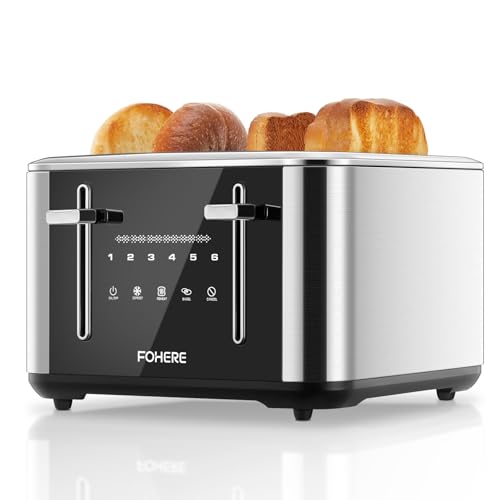 Toaster 4 Scheiben, 1600W Intelligente Edelstahl Toaster, 6 Farbeinstellungen, Voll Touchscreen Bedienung, Extra breiter 1.57 Zoll Schlitz, mit Digitaler Zeitschaltuhr, Krümelschublade, Silber