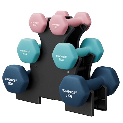 SONGMICS Kurzhantel Set, Hexagon, mit Hantelständer, 2 x 1 kg, 2 x 2 kg, 2 x 3 kg, mattes Finish, Neopren-Beschichtung, Krafttraining, zu Hause, limettengrün, rosa, aquamarin und blau SYL612MK