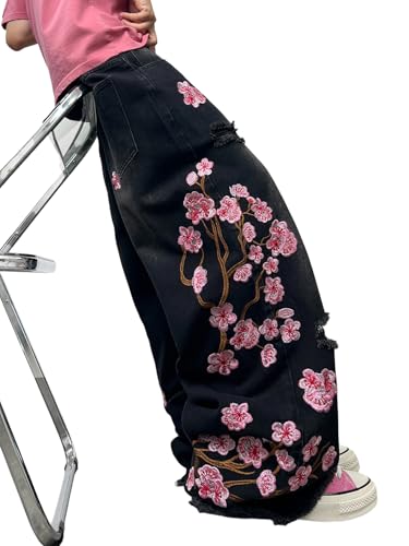 Zewool Baggy Stickerei Jeans für Männer Hip Hop Pflaumenblüten Weite Beinform Denim-Hosen Y2K Skater Streetwear 2000er Jinco Extra Übergroße Relaxed Extreme Skateboard,B15 Schwarz,M