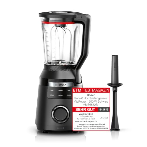 Bosch Hochleistungsmixer, Smoothie Maker, 1800W, 45.000 U-min, Programme für heiße Suppe & Reinigung, 2L, spülmaschinenfeste Teile, Made in Europe, schwarz, VitaPower Serie 6 MMB6652B