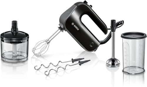 Bosch Handrührer Home Professional Styline MFQ4980B, 5 Stufen, 2 Edelstahl Rührbesen- und Knethaken, Mixstab Edelstahl, Universalzerkleinerer, 850 W, schwarz/dark silver