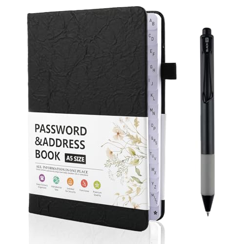 Deepton Passwort Buch, Passwortbuch mit Register A-Z, Notizbuch mit Register A5, Organizer für Websites, Benutzernamen und Passwörtern, Platz für 480 Passwörter, mit Gelstifte, Schwarz