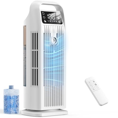 Mobile Klimaanlage ohne Abluftschlauch 6-in-1, Luftkühler mit Wasserkühlung, Mini Klimaanlage Mobil, Klimagerät, 120° Oszillation, 1200ML Tank, 1-12H Timer, Fernbedienung, Polarweiß