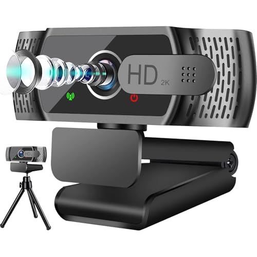 2K Full HD Webcam mit Mikrofon und Stativ, Automatischer Lichtkorrektur, USB PC Webcam mit Abdeckung,97° Weitwinkel, Dual Mikrofon,PC Kamera für Laptop, Computer, Linux, Mac