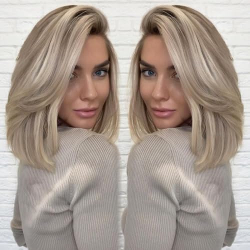220 % Highlight, Esche, blond, Bob Perücke, Echthaar, vorgefedert, vorgeschnitten, Schatten, Esche, Braun, kurz, gerade, weich, 13 x 4, UHD Spitze vorne, echtes Echthaar, Perücken für Frauen, 30,5 cm
