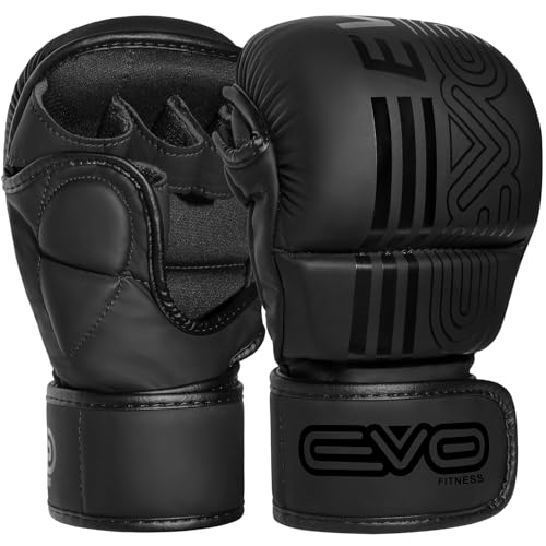 EVO Fitness MMA Handschuhe Herren Damen Leder Sparring Karate Taekwondo Grappling Muay Thai Handschuhe Kampfsport Training Käfigkampfhandschuhe Boxen Kampf Sport Kickboxen (Schwarz, M)