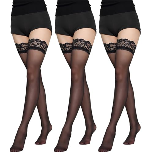 ZEPIQOR 3 Paar strapsstrümpfe, halterlose strümpfe, overknees strümpfe damen, Halterlose Strümpfe Damen Schwarzer mit Spitze Hohe Oberschenkel Seidenstrümpfe mit Rutschfestem Silicone