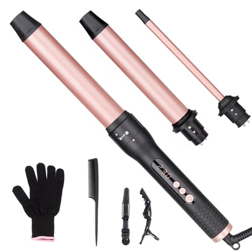 UNOBEY Lockenstab 3 in 1, Lockenstäbe Curling Iron Set mit 3 austauschbaren Keramik Lockenstab 9-32mm für Große und Kleine Locken, Beach Waves, Temperatureinstellung, Handschuh