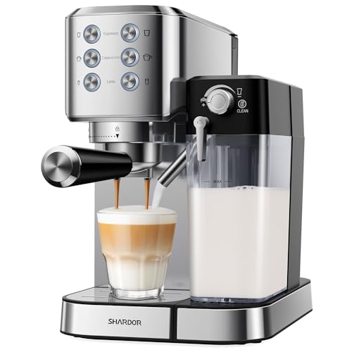 SHARDOR Automatische Espressomaschine, 1350W Kaffeemaschinen, 20 Bar Siebträgermaschine mit Milchaufschäumer, mit Siebträger, Professionelle Kaffeemaschine für Espresso Cappuccino Latte Macchiato