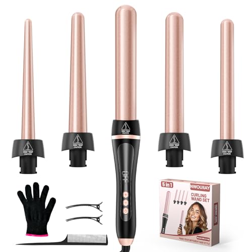 5-in-1 Lockenstab mit LCD & Keramikbeschichtung, Austauschbare Aufsätze für Große und Kleine Locken, Schnell Aufheizendes Lockenstäbe mit Einstellbare Temperatur & Handschuhe
