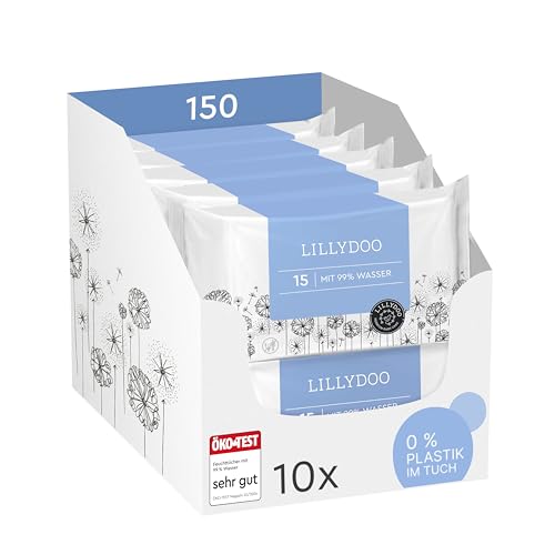 LILLYDOO Baby Feuchttücher mit 99% Wasser, 150 Stück (10 x 15), 100% plastikfreies Tuch, ohne Parfüme & mild wie Watte und Wasser