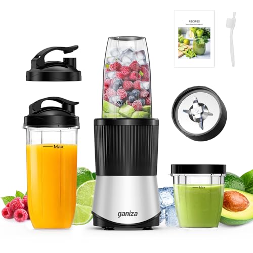 Ganiza Smoothie Maker, 900W Mini Standmixer, Mixer mit 25.000 U/min, 3 Tritan-To-Go-Bechern(300ml&500ml&700ml), 4 asymmetrischen Klingen, für Jede Art von Shake und Smoothie, Silber/Schwarz