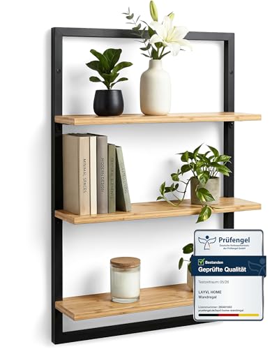 LAYVL HOME® Wandregal Bambus mit schwarzen Metallrahmen, 75x50x15cm, hängendes Regal mit modernem Design, Metall Holz Wand Schweberegal, Regalwand Möbel für Wohnzimmer Küche und Bad (Naturbeige)