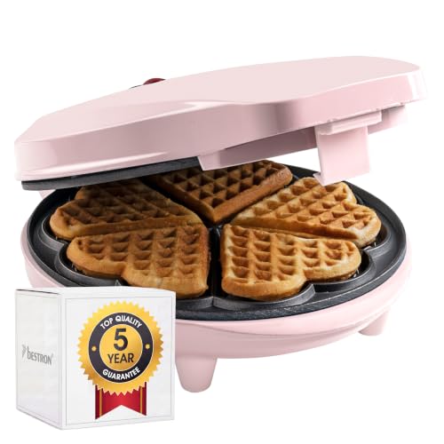 Bestron Waffeleisen für klassische Herzwaffeln, Waffelmaker mit Antihaftbeschichtung für Waffeln in Herzform, Retro Design, inklusive Rezeptvorschläge, 700 Watt, Farbe: Rosa