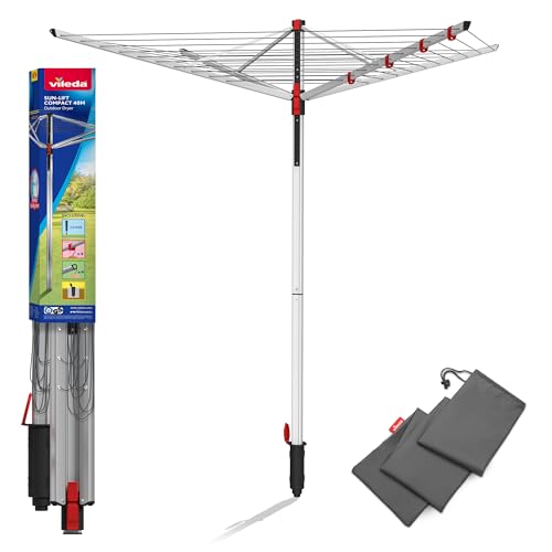 Vileda Sun-Lift Compact Wäschespinne, 40 m Leinenlänge,höhenverstellbar 1,55-1,72 m, Easy-Lift-System, inkl. 8 Kleiderbügelhalter, Bodenhülse, UV-beständige Schutzhülle, Farbe Grau, Eco-Verpackung