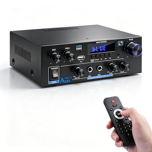 HiFi-Verstärker AK55 Bluetooth Stereo-Audioverstärker Receiver 2 Kanäle 70WX2 Max. 600W Digitale Endverstärker Soundverstärker 12V/ 220V für Zuhause oder Auto