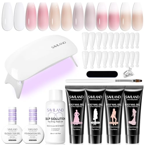 SAVILAND Hema-Free Polygel Starter Set mit UV Lampe: 4 Farben Weiß Rosa Nude Weizen, Polygel Nägel und Schnell Trocknender lip Solution Base Top Coat Acrylnägel Nagelset Gelnägel Nagelverlängerung