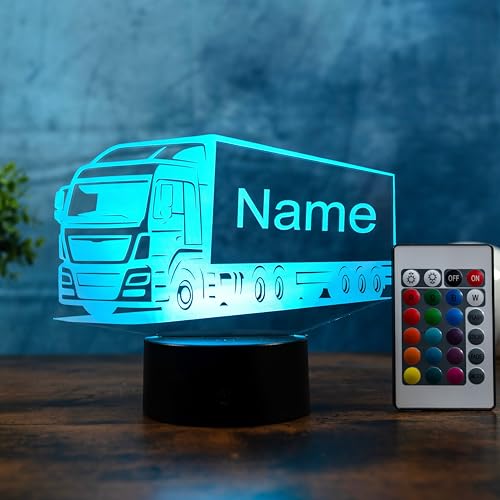 Personalisierte LKW Lampe – LED Nachtlicht mit Name & Gravur – Geschenkidee für LKW-Fahrer & Kinder – dimmbare Tischlampe mit Farbwechsel & Fernbedienung – Truck Deko fürs Wohnzimmer & Kinderzimmer