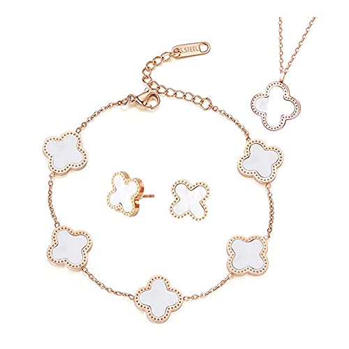 TOFBS Vierblättriges Kleeblatt Schmuckset für Damen und Mädchen 18K Roségold Plattiert Edelstahl Zweiseitig Weiß Schwarz Anhänger Halskette Ohrstecker Armband Emaille Schmuck Set (Weiß)