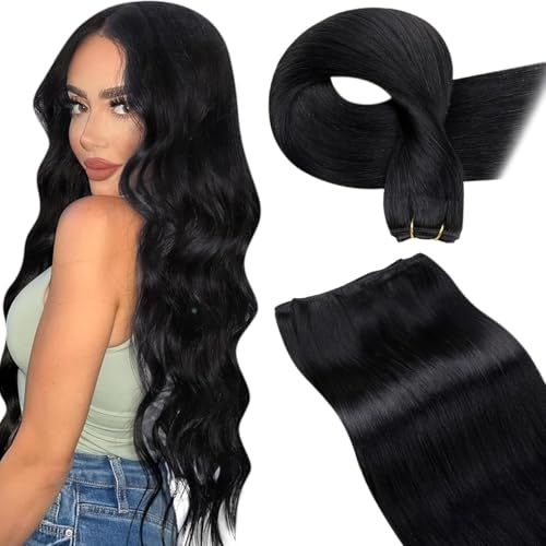 LaaVoo 60cm Echthaar Tressen Zum Einnähen Schwarz #1 Haartressen Remy Menschliches Haar 120g Glatt Extensions