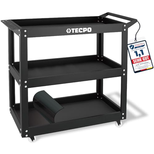 TECPO Werkzeugwagen Rollwagen mit 3 Ladeflächen inkl. Schaumeinlage zum Schutz, 300 kg Tragkraft, Werkstattwagen mit Lochleiste für Werkzeuge - geeignet als Transportwagen