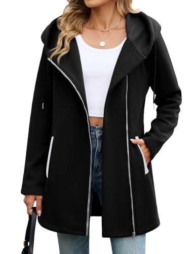 Vancavoo Fleecejacke Damen Sweatjacke mit Kapuze Übergangsjacke Hoodie Jacke Elegant Kapuzenpullover Frühling Herbst Lang Kapuzenjacke mit Taschen,Schwarz,L