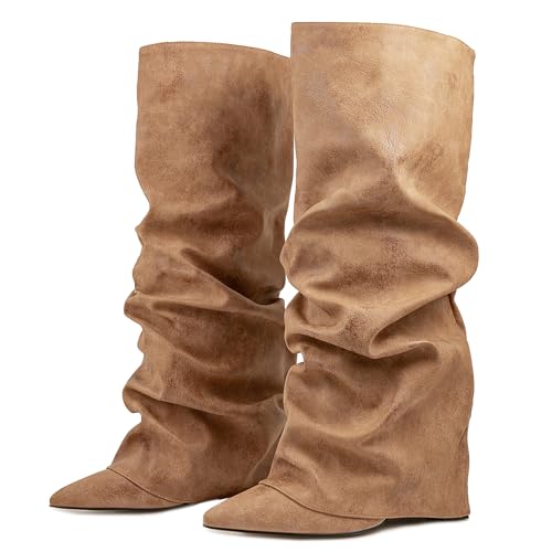 Vervesole Fancy Fold Over Slouch Stiefel Blockabsatz Dressy Shark Boots Kniehoch für Damen Pointed Toe Wide Calf Pull on Pleated Fall Schuhe Apricot Size 41