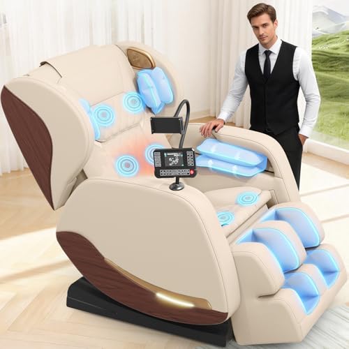 Ganzkörper Massagesessel mit 14 Massagerollen, Bein- und Taillenheizung, 8 Airbags, Bluetooth-Lautsprecher, Touchscreen-Controller, verstellbare Fußstütze, Heimkino-Relaxsessel mit Schwerelosigkeit