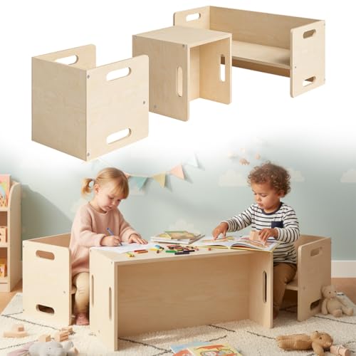 Bellabino Aki Kindersitzgarnitur - Kindermöbel Set 3 teilig - 2in1 Kinderhocker/Beistelltisch aus Holz Natur - Montessori Wendebank Birke - Kindersitzgruppe Indoor - Kindertisch mit Kinderstuhl