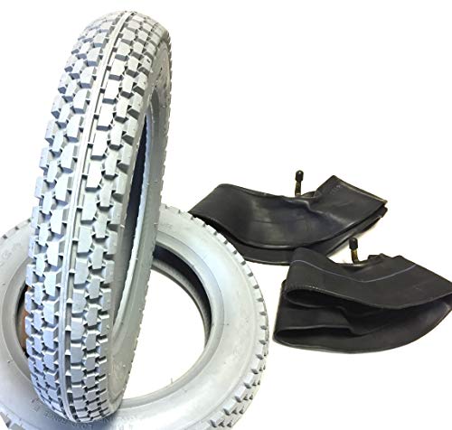 Rollstuhlreifen 2 Stück 2.50-8 grau + 2 Stück Schlauch Winkelventil, Reifen kräftiges Blockprofil, stabiler Reifenaufbau mit Load Range 