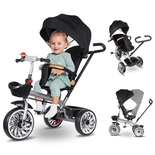 Vinteky Dreirad 6in1 Kinderdreirad mit Schubstange Lenksystem, drehbarer Komfortsitz, Kinder Dreirad mit Elterngriff, Sonnendach, Gummiräder, Jogger vorwärts und Rückwärtsfahrt, Buggy Fahrrad