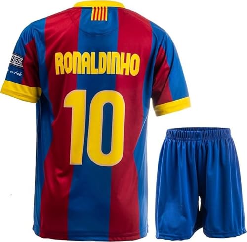 NIHMEX Legende Ronaldinho #10 Retro Seltenes Fußball Kinder Trikot Shorts Set Jugendgrößen (Rot/Blau,152)