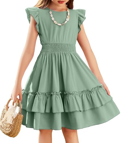 Arshiner Mädchen Kleider Flatterärmel Kinder Sommer Baumwolle Festliche Kleid A-Linie Taille Einschnüren Freizeitkleid Swingkleid Elegant ärmelloses Kleid für Mädchen 7-8 Jahre Hellgrün