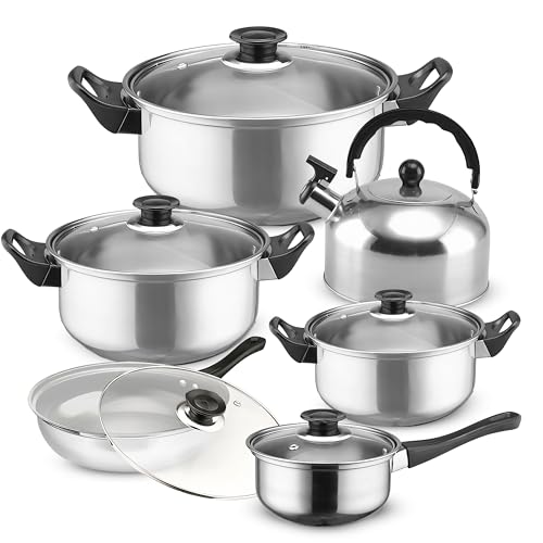 Retoo Kochtopfset 12-teilig aus Edelstahl, Töpfe mit Glasdeckel, Kochtöpfe mit ergonomischen Griffen, Topfset für alle Herdarten, Spülmaschinengeeignet, silber-schwarz